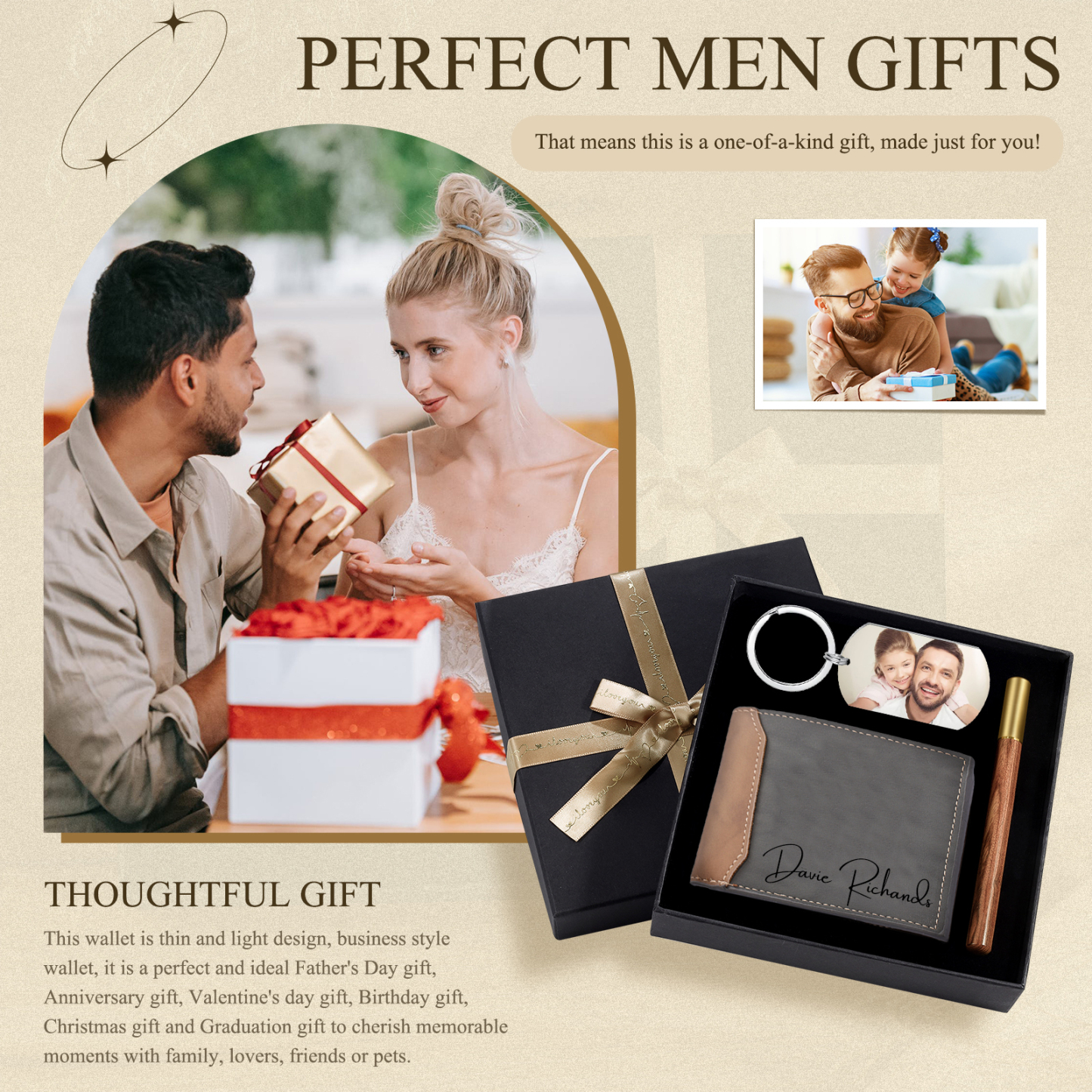 Kit de regalo-Llavero, cartera y bolígrafo con 2 textos personalizados con 2 fotos para hombre-Jessemade ES