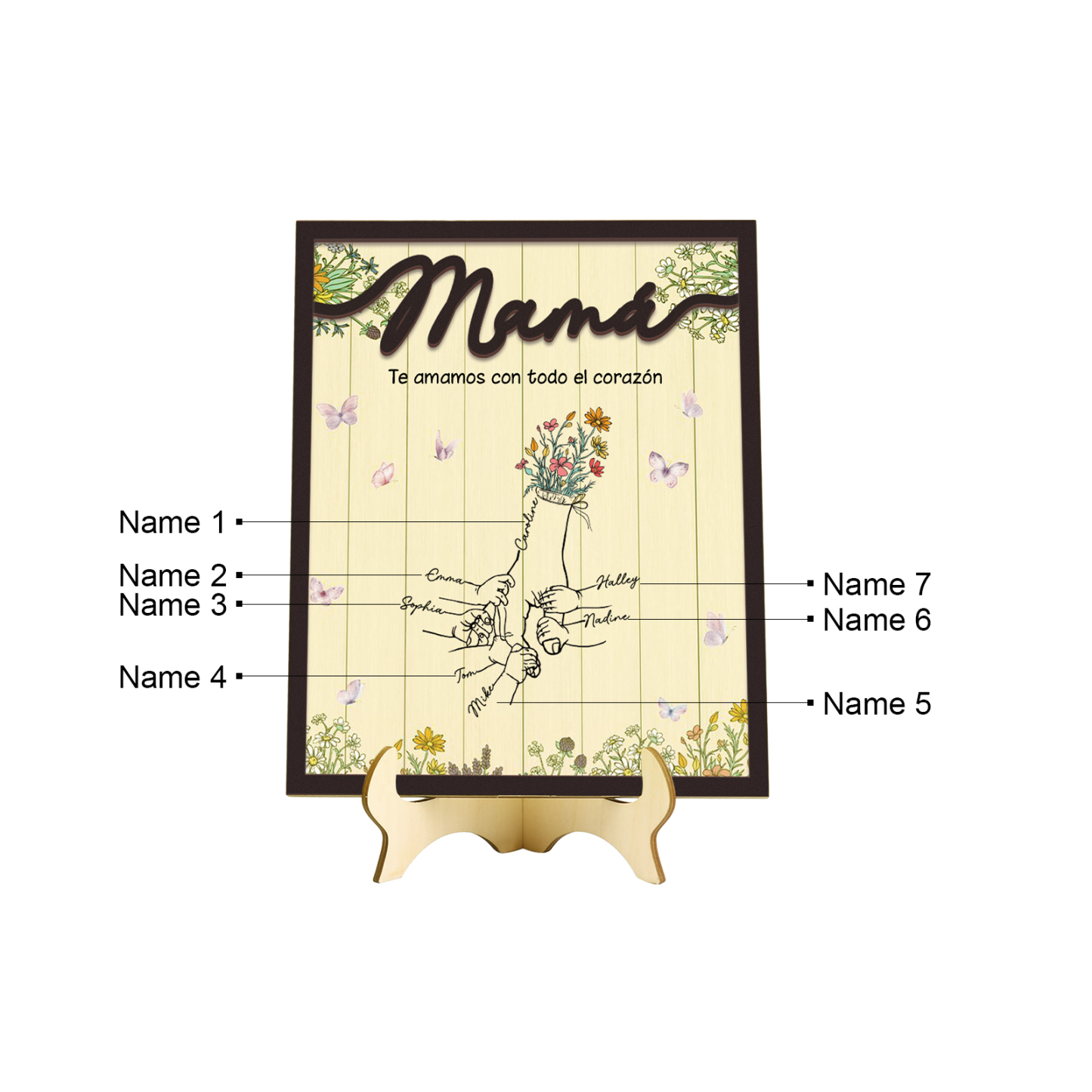 A mi mamá-Adorno 3-9 nombres personalizados decoración de madera mano con manitos-Jessemade ES