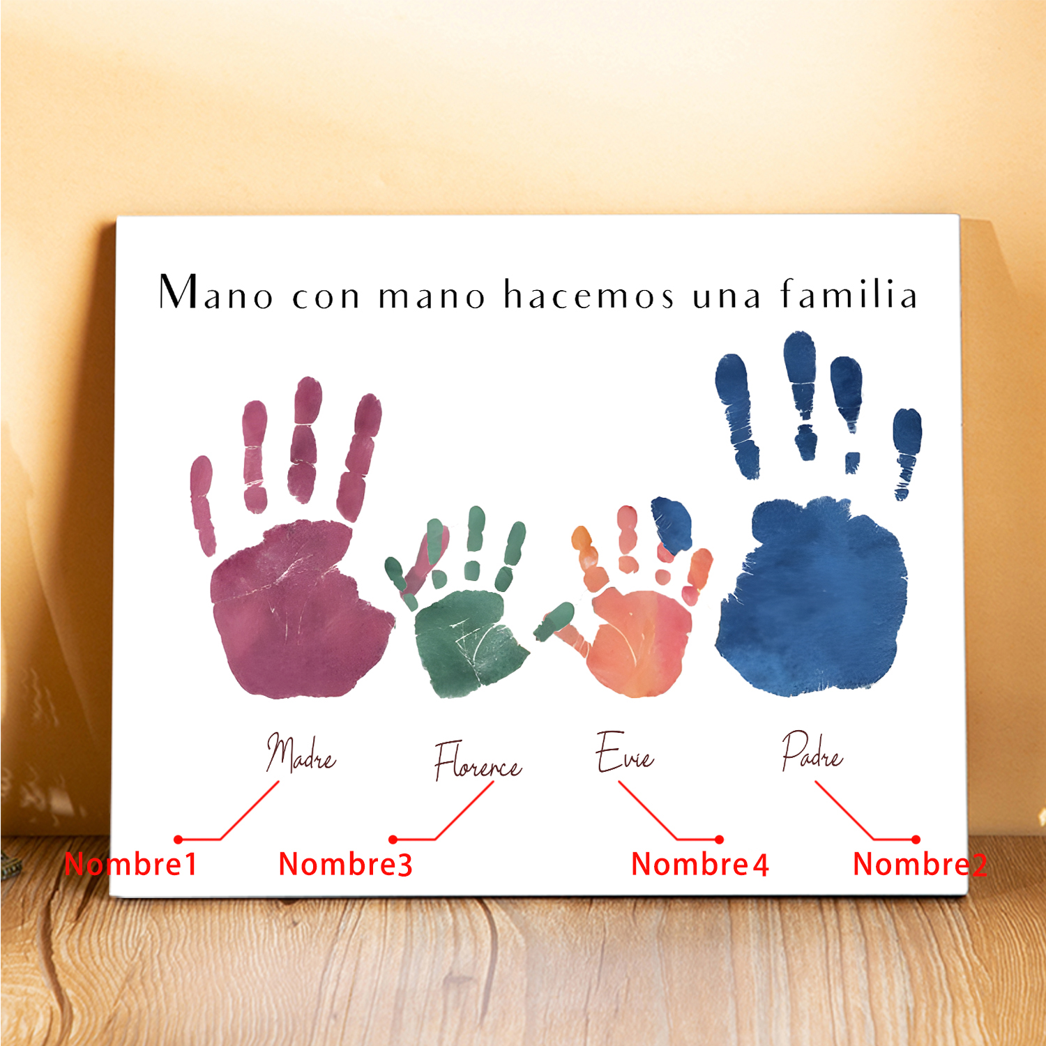A familia - Lámina 3-5 nombres personalizados marco de madera huellas de mano-Jessemade ES