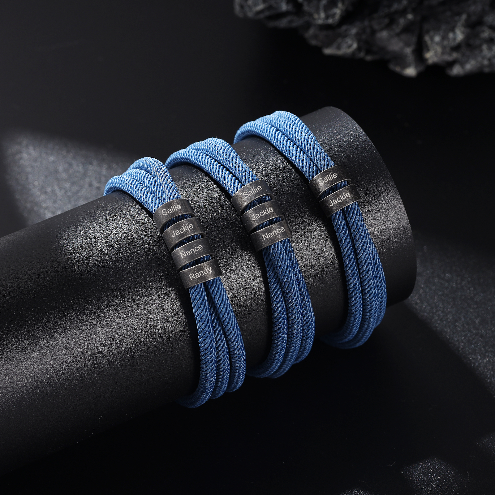 2-4 Nombres Personalizados Pulsera de Triple Cuerda Azul Aros de Acero Inoxidable-Jessemade ES