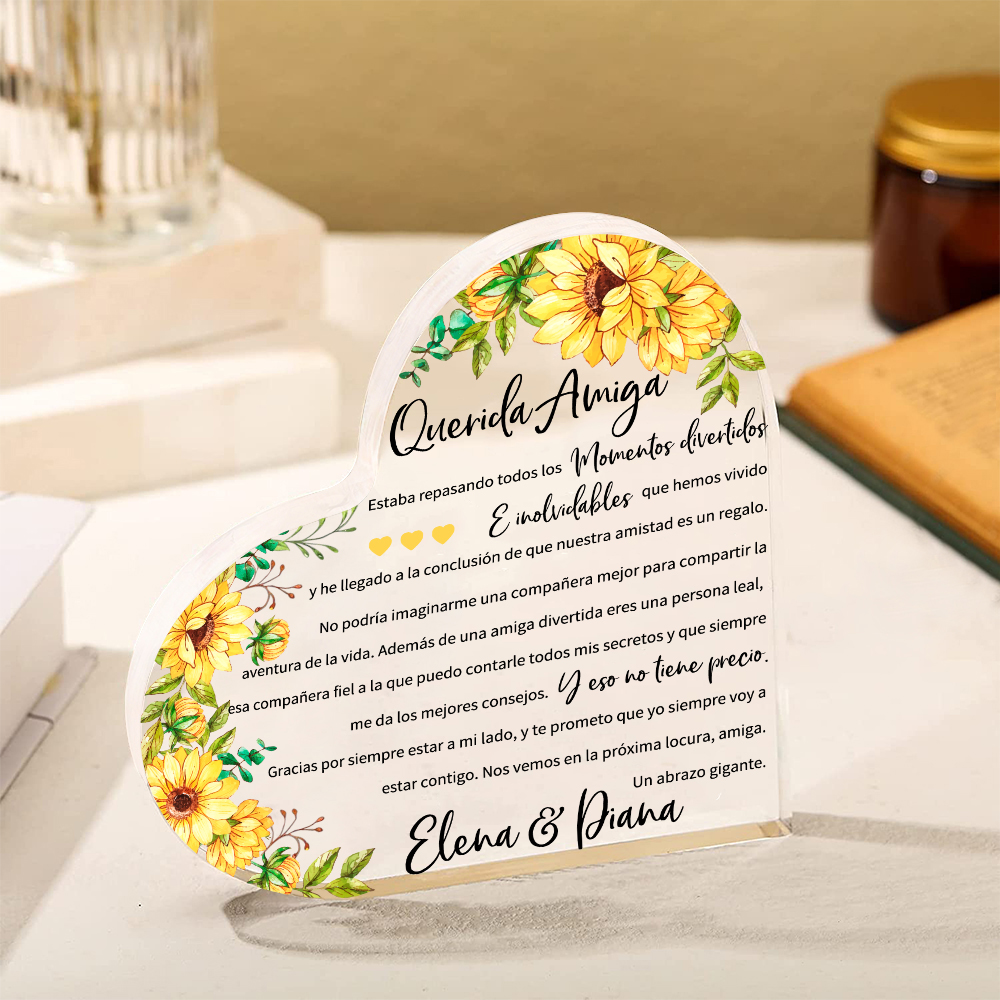 Placa de acrílico en forma de corazón para amiga con 1 texto personalizado-Jessemade ES