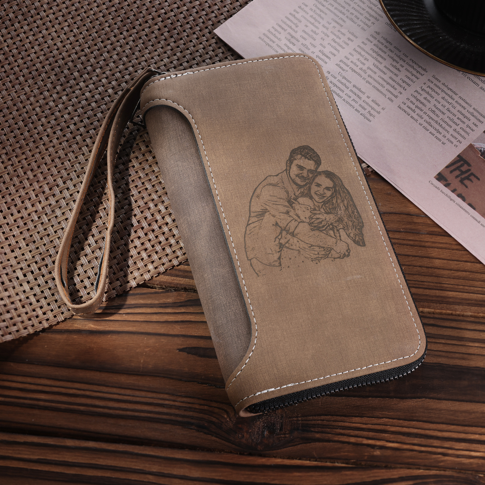 Cartera, billetera con cierre personalizada con 1 foto y 1 texto monedero para hombre-Jessemade ES