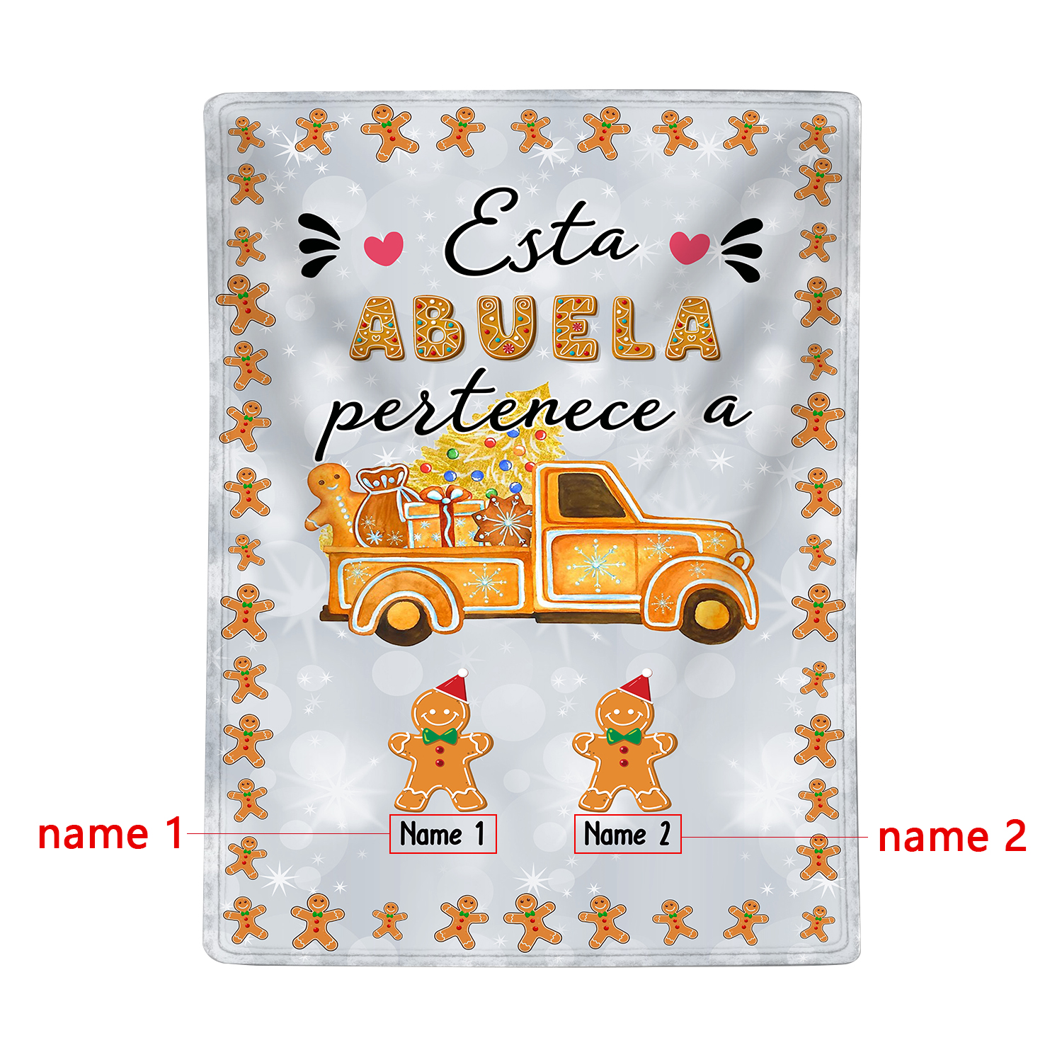 A mi abuela-Manta de buen calidad de Navidad hombres de jengibre personalizada con 2 nombres-Jessemade ES