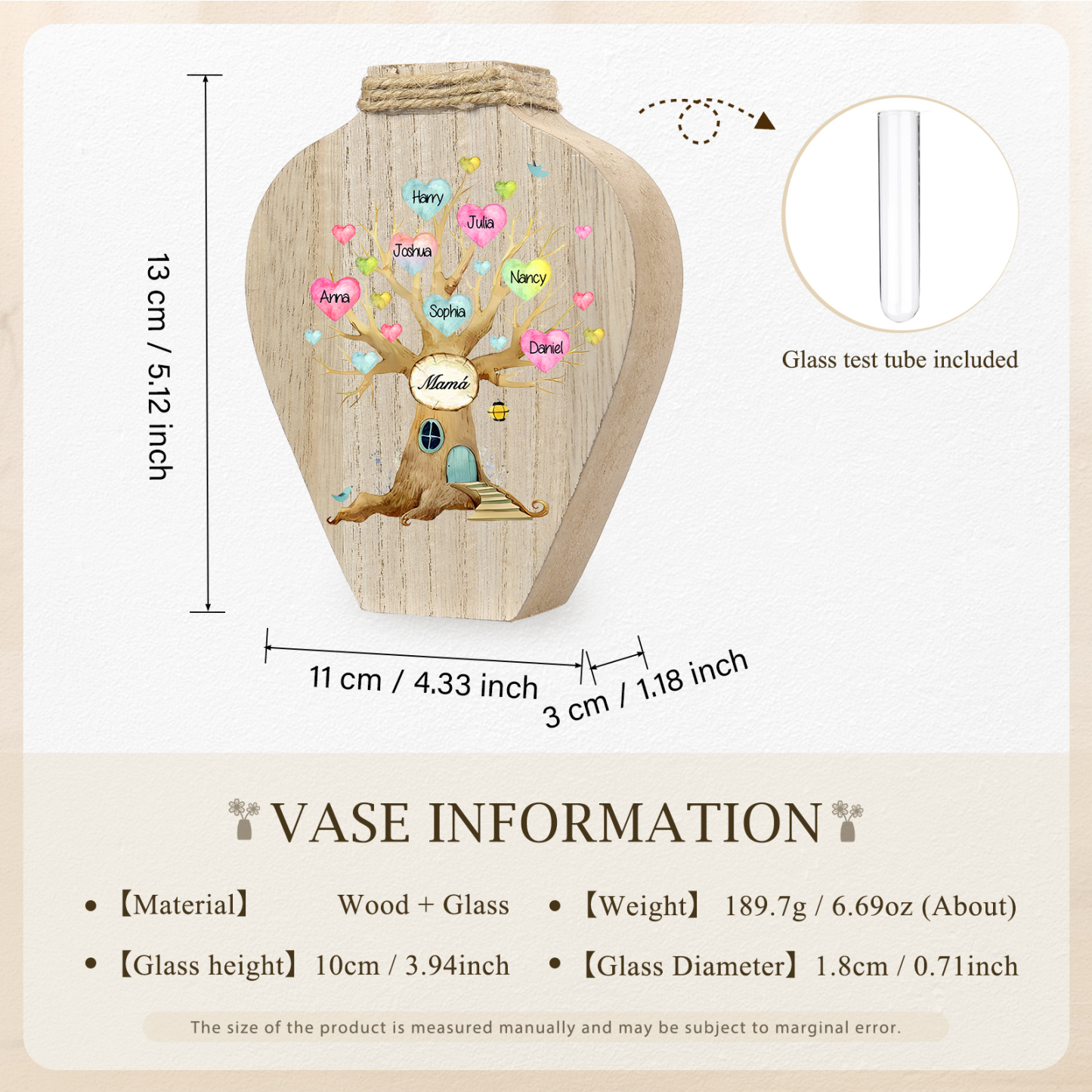 Florero de madera árbol de corazones 7 nombres personalizados con texto decoración del hogar-Jessemade ES