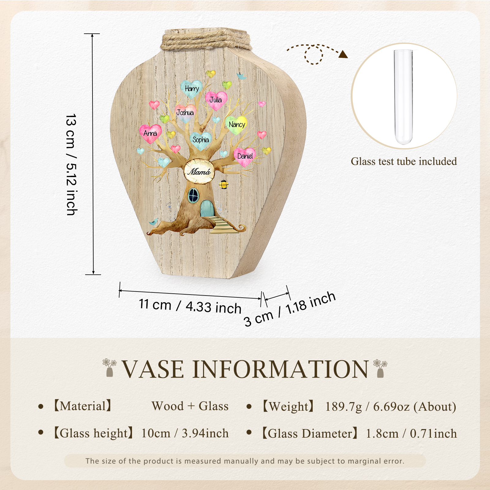 Florero de madera árbol de corazones 7 nombres personalizados con texto decoración del hogar-Jessemade ES