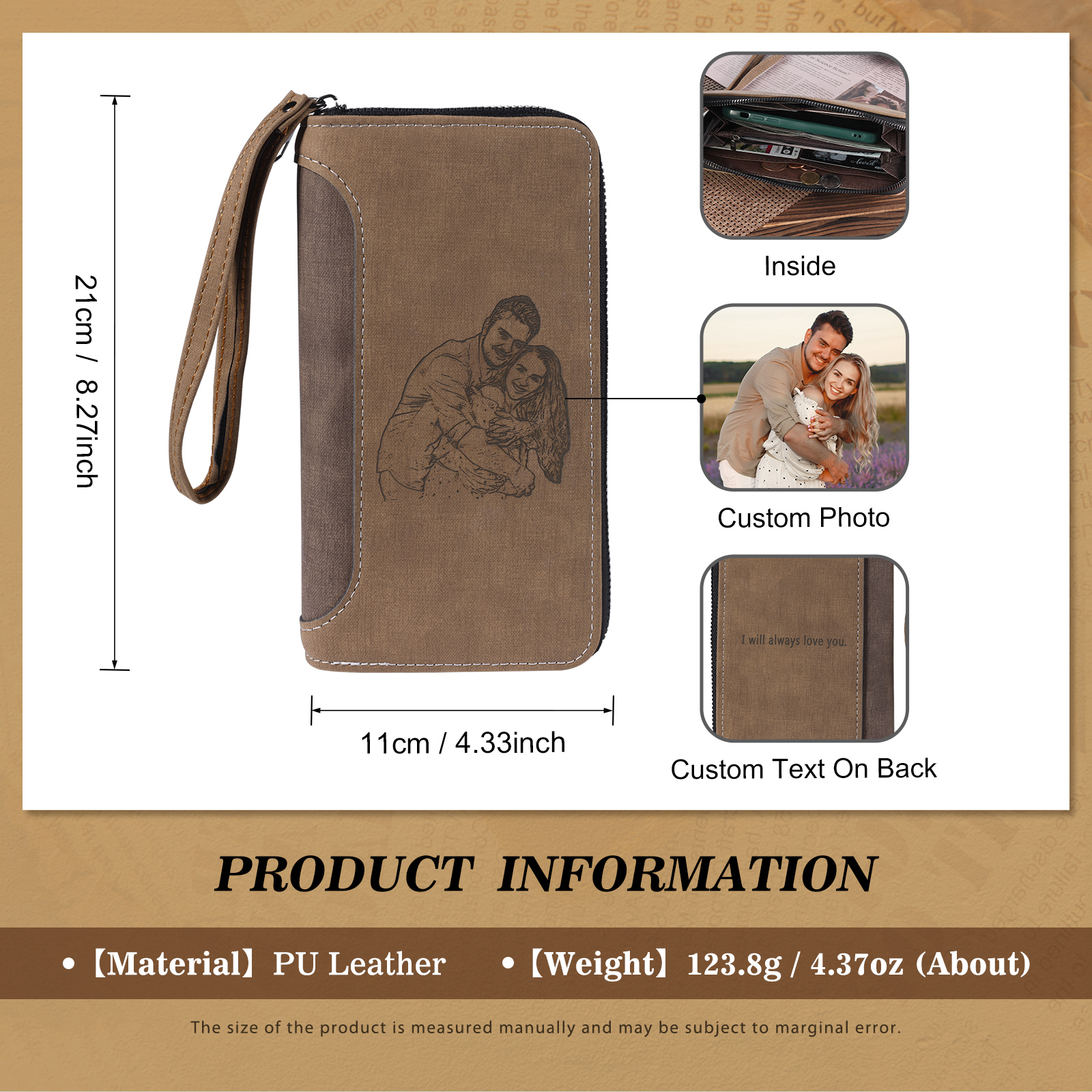 Cartera, billetera con cierre personalizada con 1 foto y 1 texto monedero para hombre-Jessemade ES