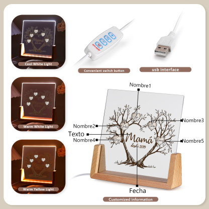 A mi mamá/abuela-Lámpara Personalizada con 2-8 Nombres, 1 Texto y 1 Fecha "árbol de la vida" 3D Ilusión Luz de Noche-Jessemade ES