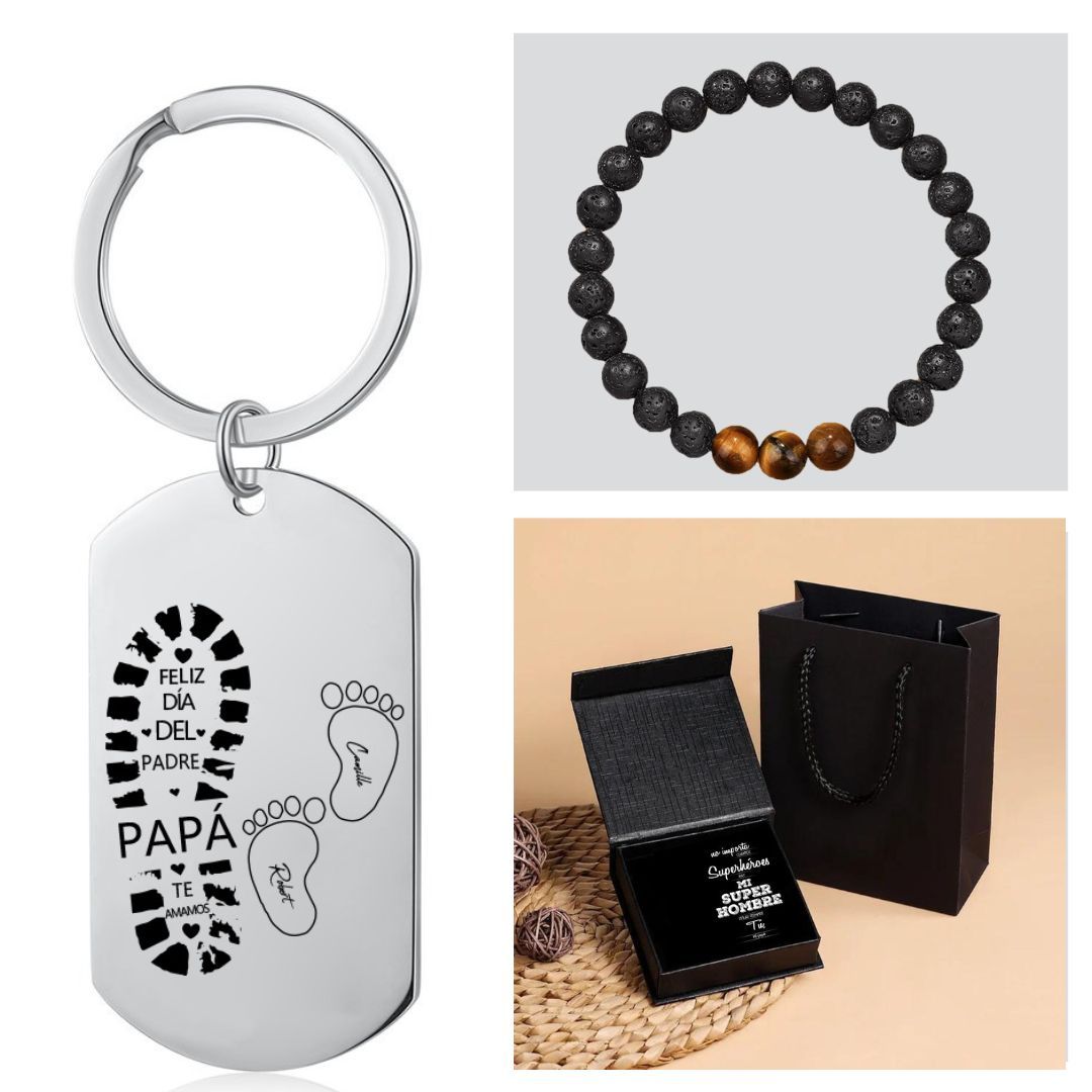 A mi papá-Unidad de llavero y pulsera con caja y tarjeta personalizados con 2 nombres-Jessemade ES