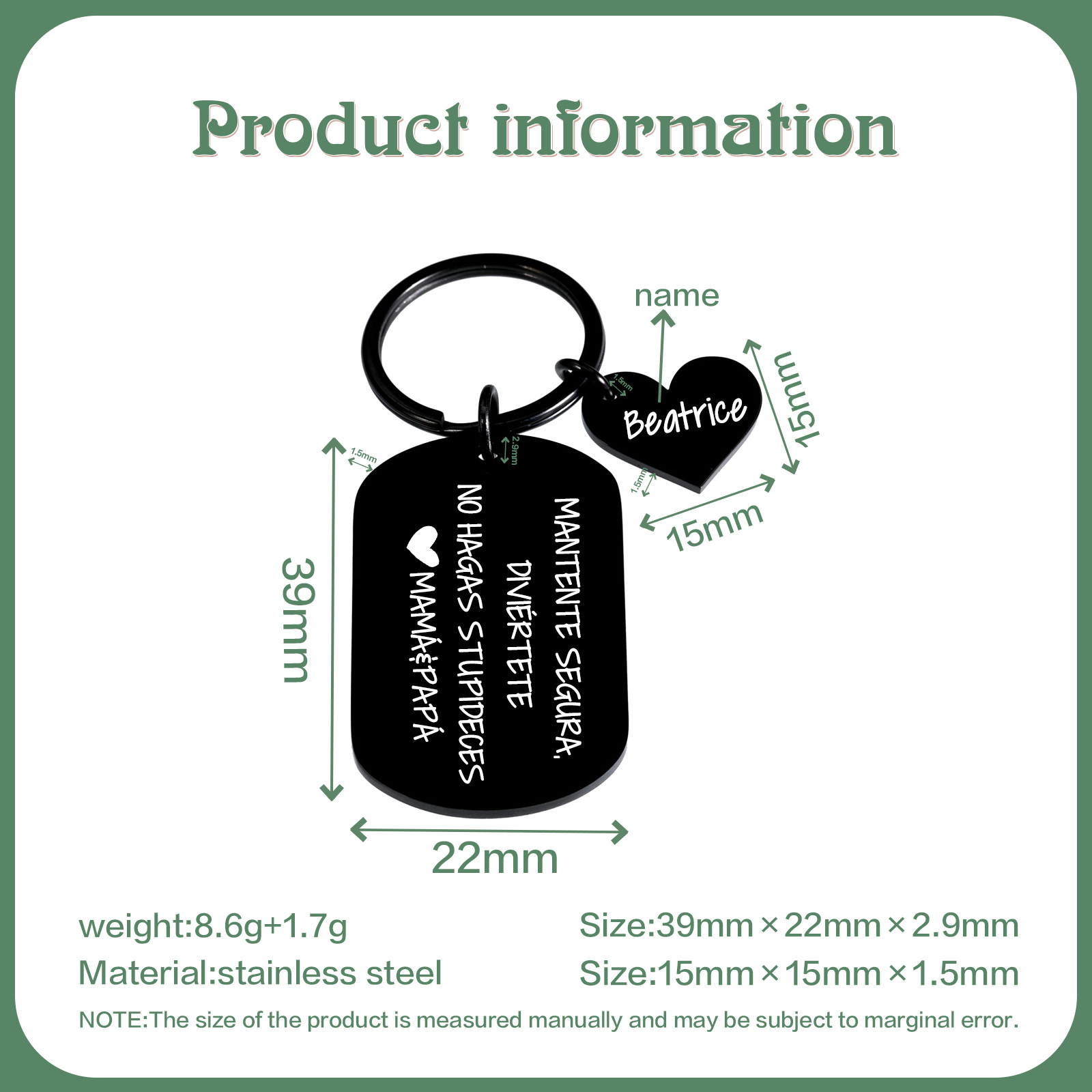 Llavero de placa "MANTENTE SEGURA, DIVIÉRTETE, NO HAGAS STUPIDECES" a hija de padres 1 nombre personalizado-Jessemade ES