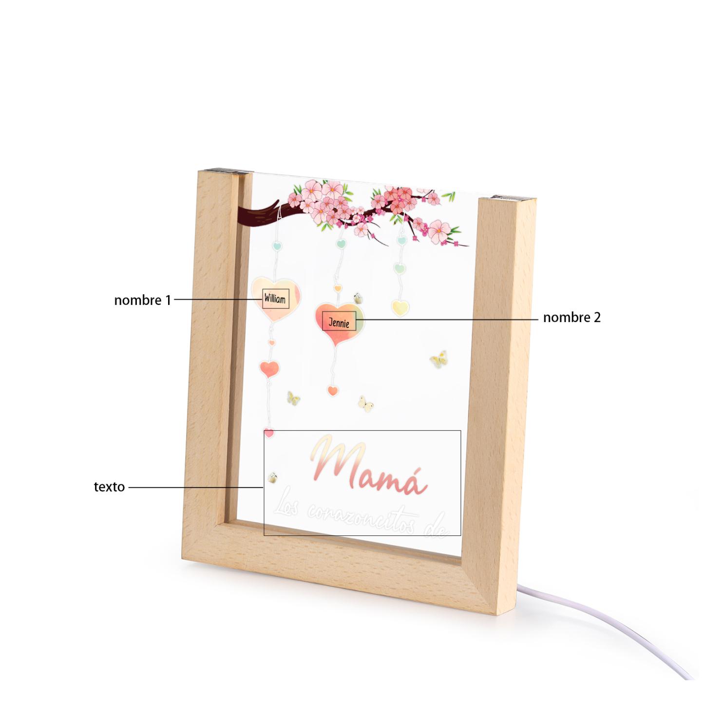 A mi mamá/abuela-Lámpara Personalizada con 2-8 Nombres y Texto "árbol y corazones" 3D Ilusión Luz de Noche-Jessemade ES