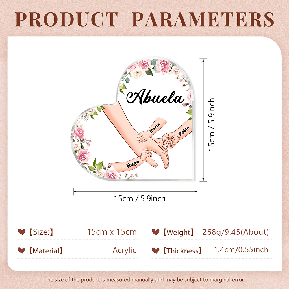 A mi mamá/abuela-Placa de acrílico en forma de corazón mano a mano con 1 texto y 3 nombres personalizados | Jessemade