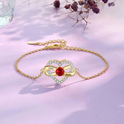 Pulsera de corazón para mujer personalizada con 2 nombres y 1 piedra de nacimiento-Jessemade ES