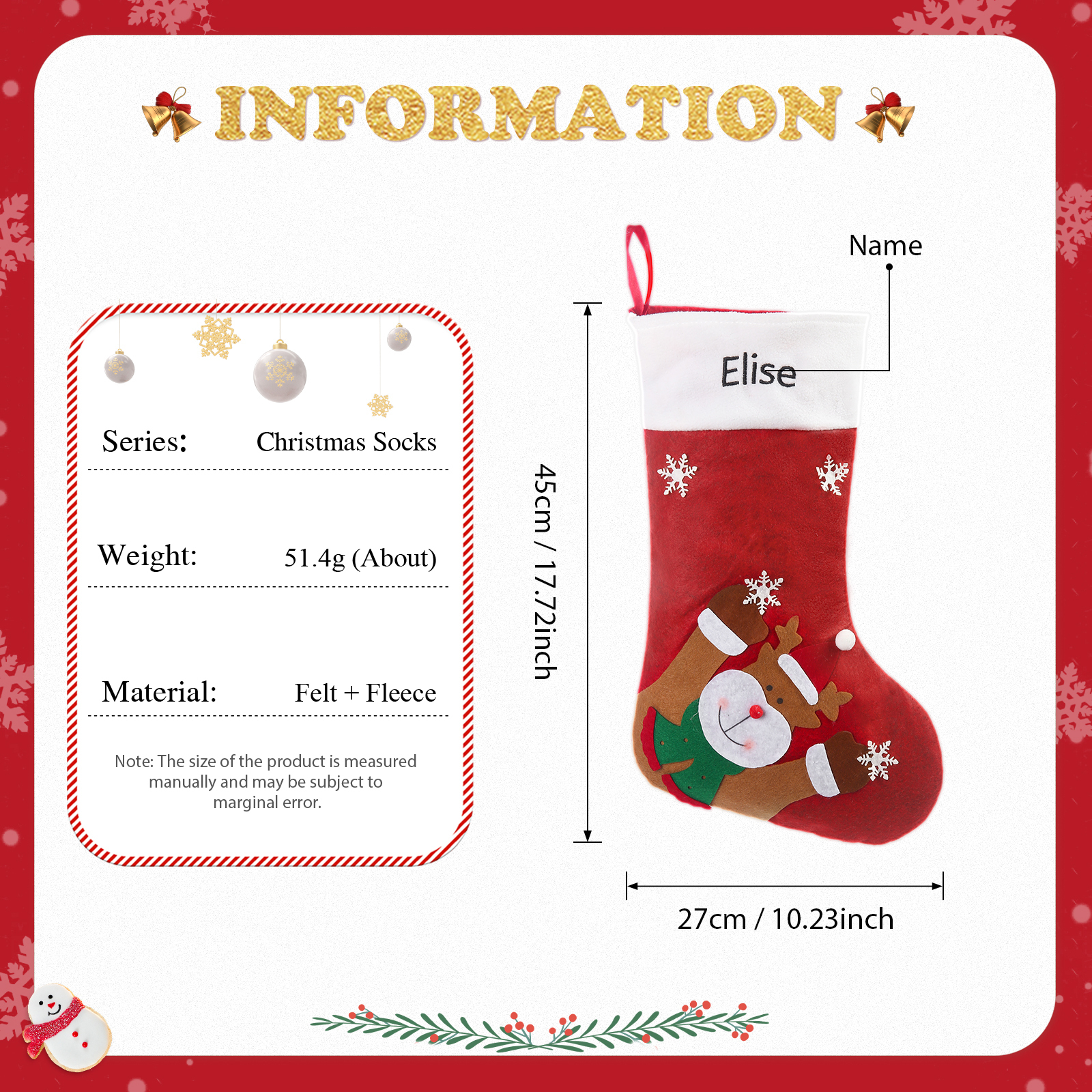 Adornos de medias navideñas con muñeco Bolsa de regalo 1 Nombre personalizado-Jessemade ES