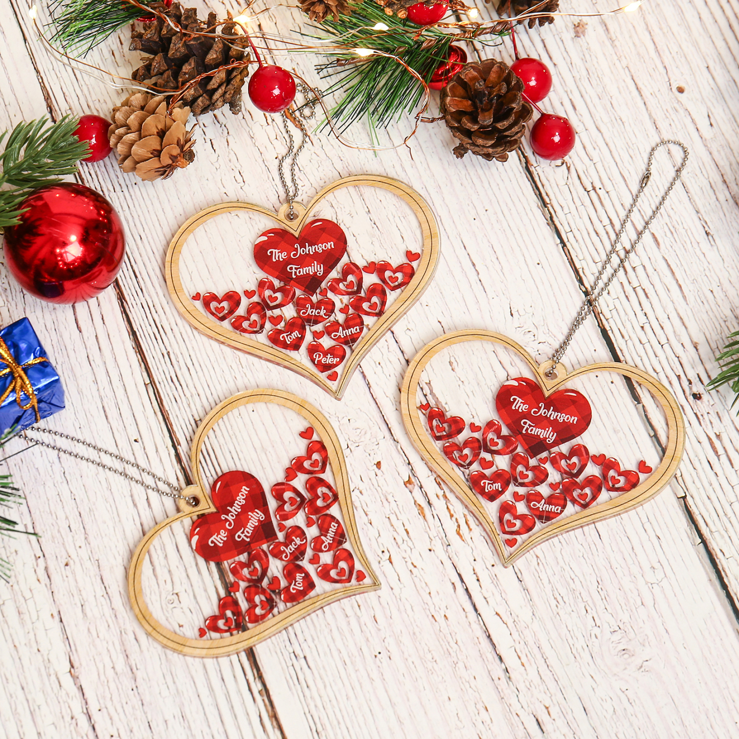 Navidad-Ornamento navideño de acrílico corazones con 2 nombres y 1 texto personalizados