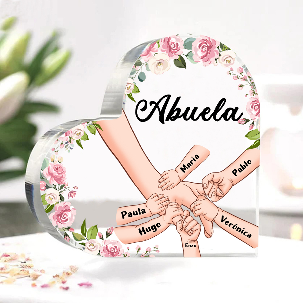 A mi mamá/abuela-Placa de acrílico en forma de corazón mano a mano con 1 texto y 6 nombres personalizados | Jessemade