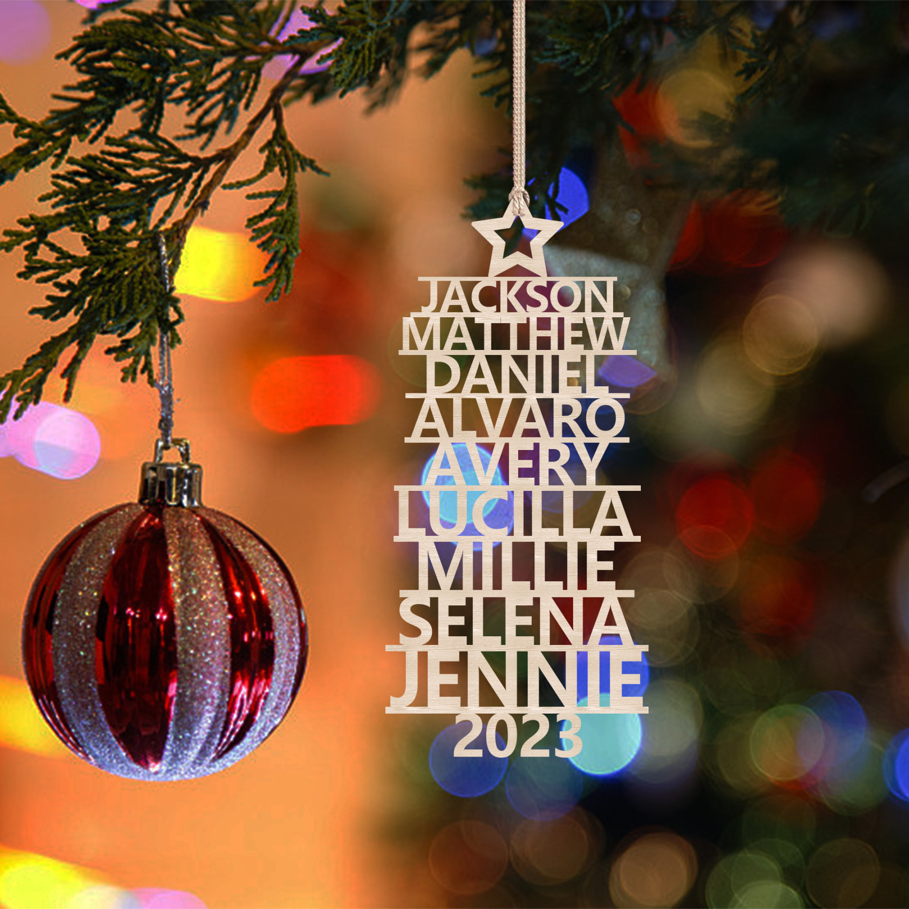 Navidad-Ornamento navideño de madera árbol de nombres con 9 nombres y año personalizados