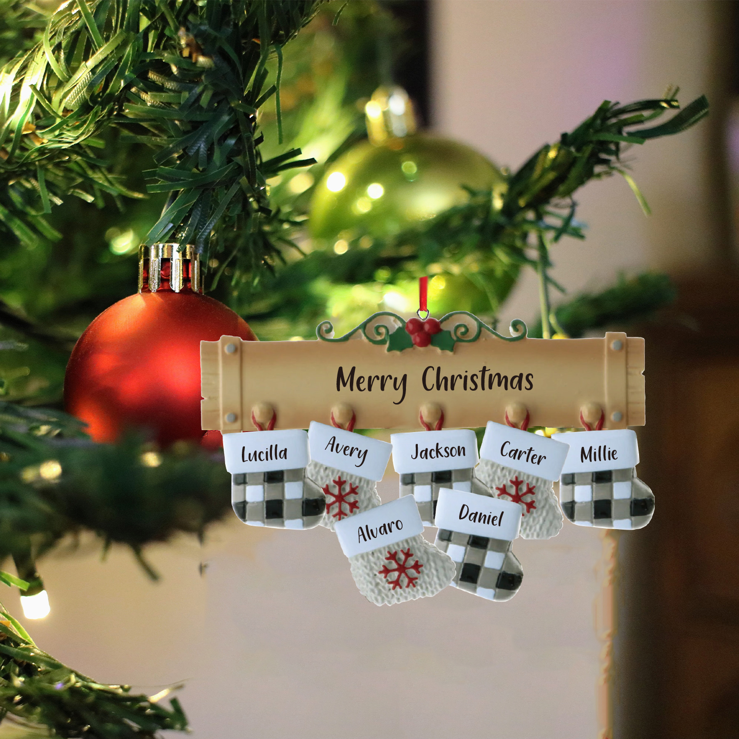 Navidad-Ornamento muñecos navideño de madera calcetines 7 nombres y 1 texto personalizados adorno del árbol-Jessemade ES