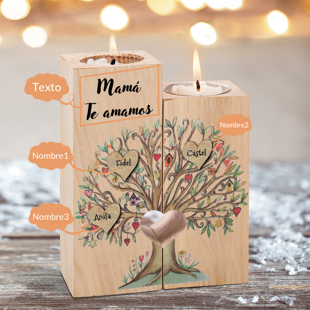 A la familia-Candelero de árbol de la vida de madera personalizado con 3-8 nombres y 1 texto sin vela-Jessemade ES