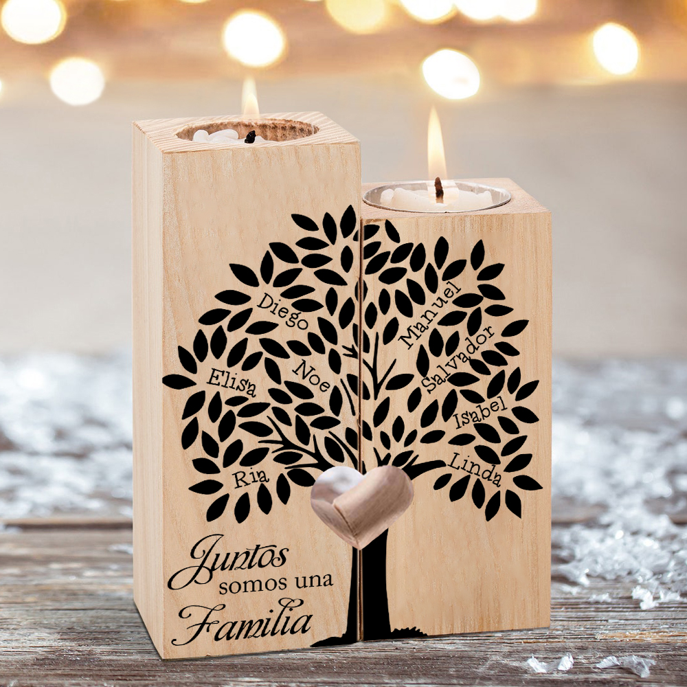 A la familia-Candelero de árbol de la vida de madera personalizado con 2-10 nombres y 1 texto sin vela-Jessemade ES