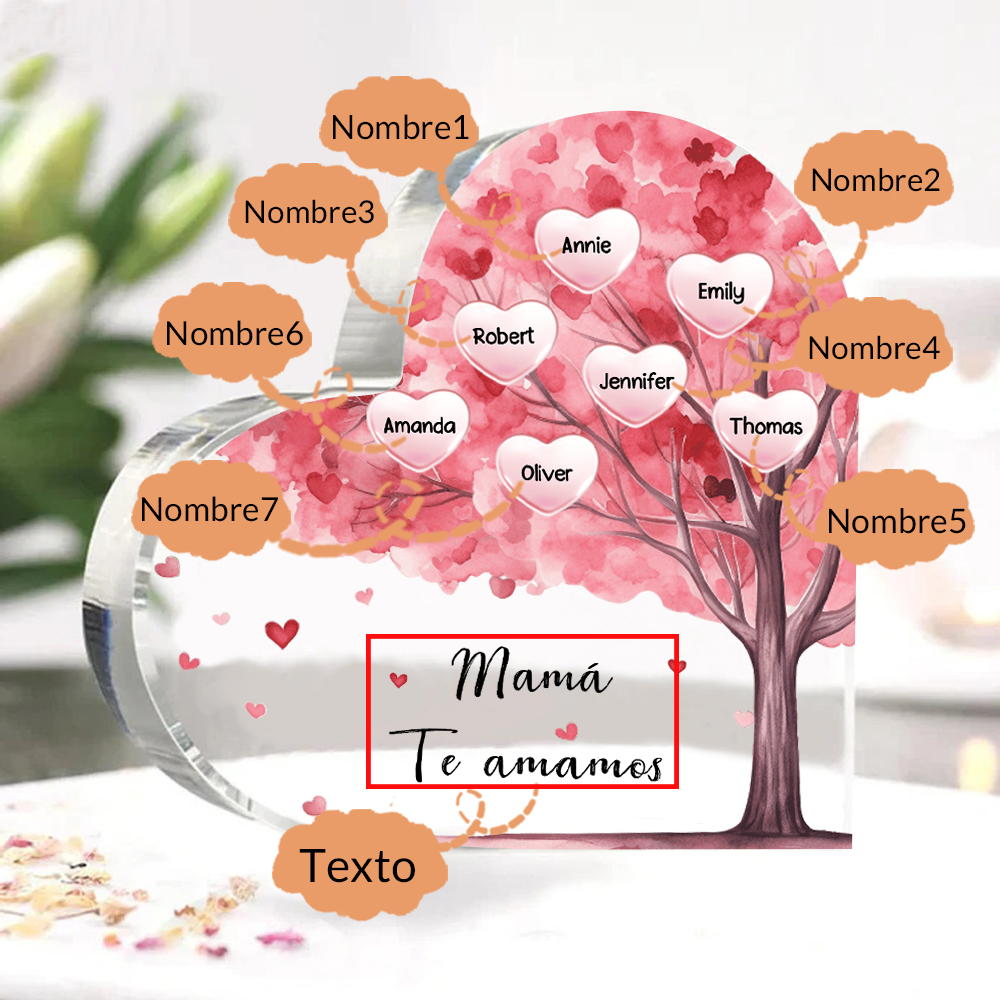 A mi mamá/abuela-Placa de acrílico "Árbol" en forma de corazón 7 nombres y 1 texto personalizados-Jessemade ES