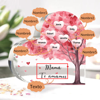 A mi mamá/abuela-Placa de acrílico "Árbol" en forma de corazón 7 nombres y 1 texto personalizados-Jessemade ES