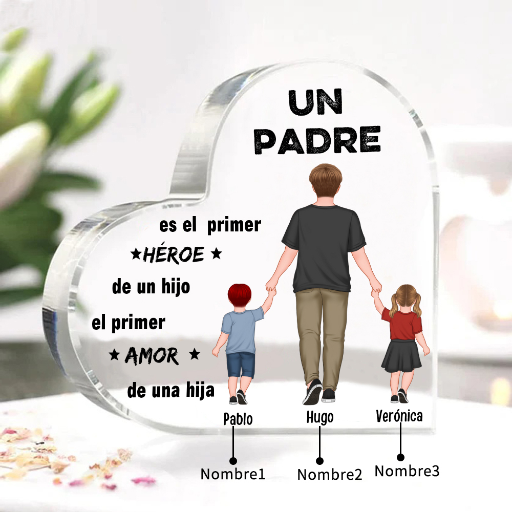 Placa de acrílico en forma de corazón papá e hijos con 3 nombres personalizados-Jessemade ES