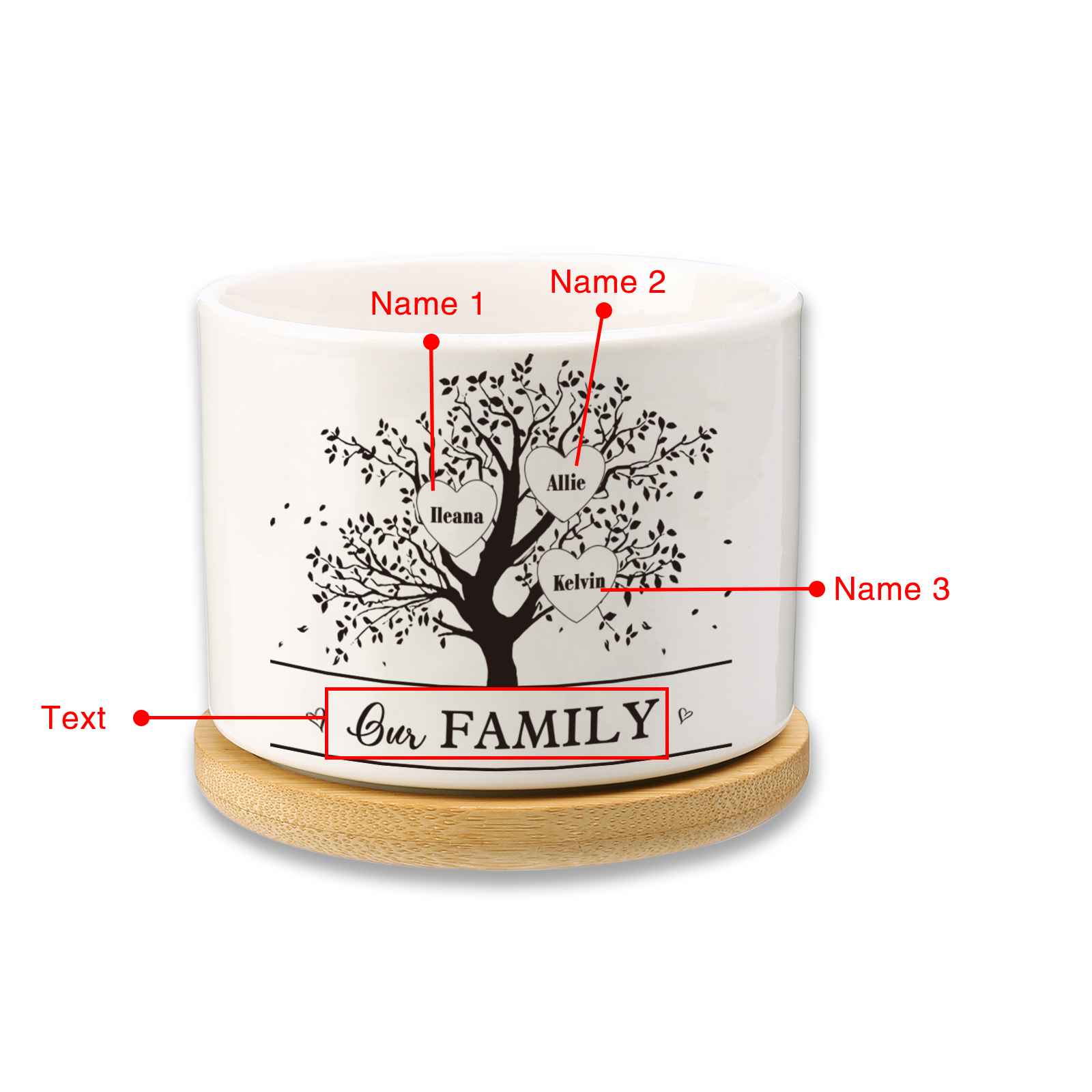 Florero con base de cerámica árbol de corazones 2-8 nombres personalizados con texto decoración del hogar-Jessemade ES