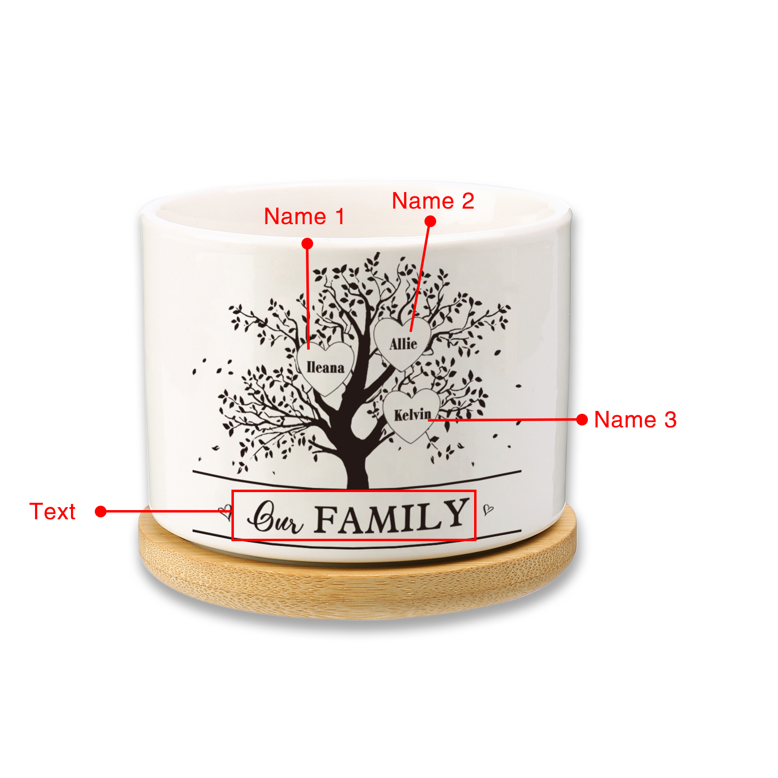 Florero con base de cerámica árbol de corazones 2-8 nombres personalizados con texto decoración del hogar-Jessemade ES