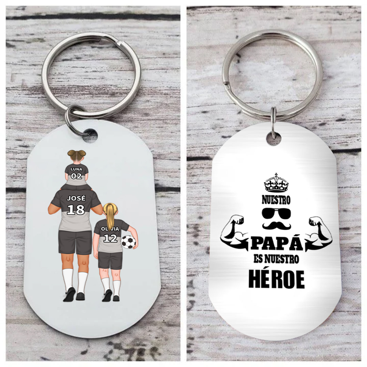A mi papá-Llavero de placa con fútbol personalizado con 1-4 nombres, números y figuras-Jessemade ES