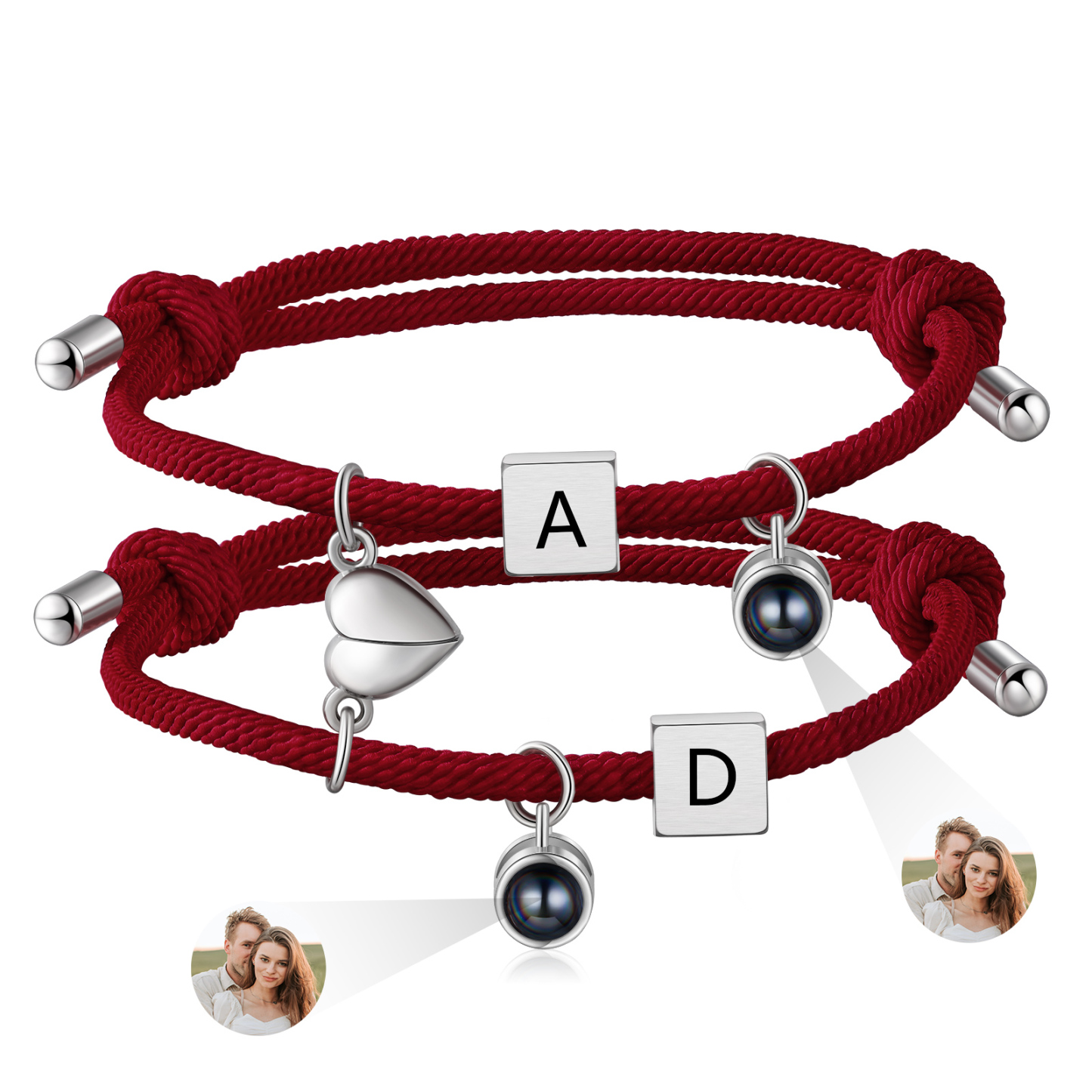 Pulsera de cuerda para pareja personalizada con 2 letras con proyección de foto y dije de corazón magnético-Jessemade ES