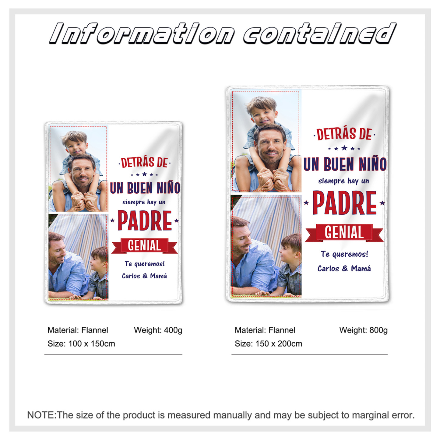 A mi padre - Manta de buen calidad con frase amoroso y personalizada con 2 fotos y 1 texto-Jessemade ES