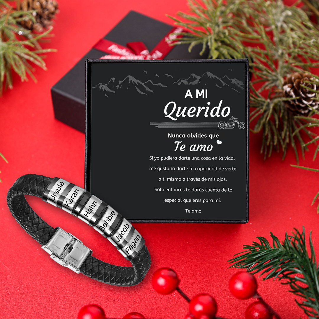 A mi querido-Pulsera de cuero trenzado de hombre con 6 perlas personalizadas con 6 nombres-Jessemade ES