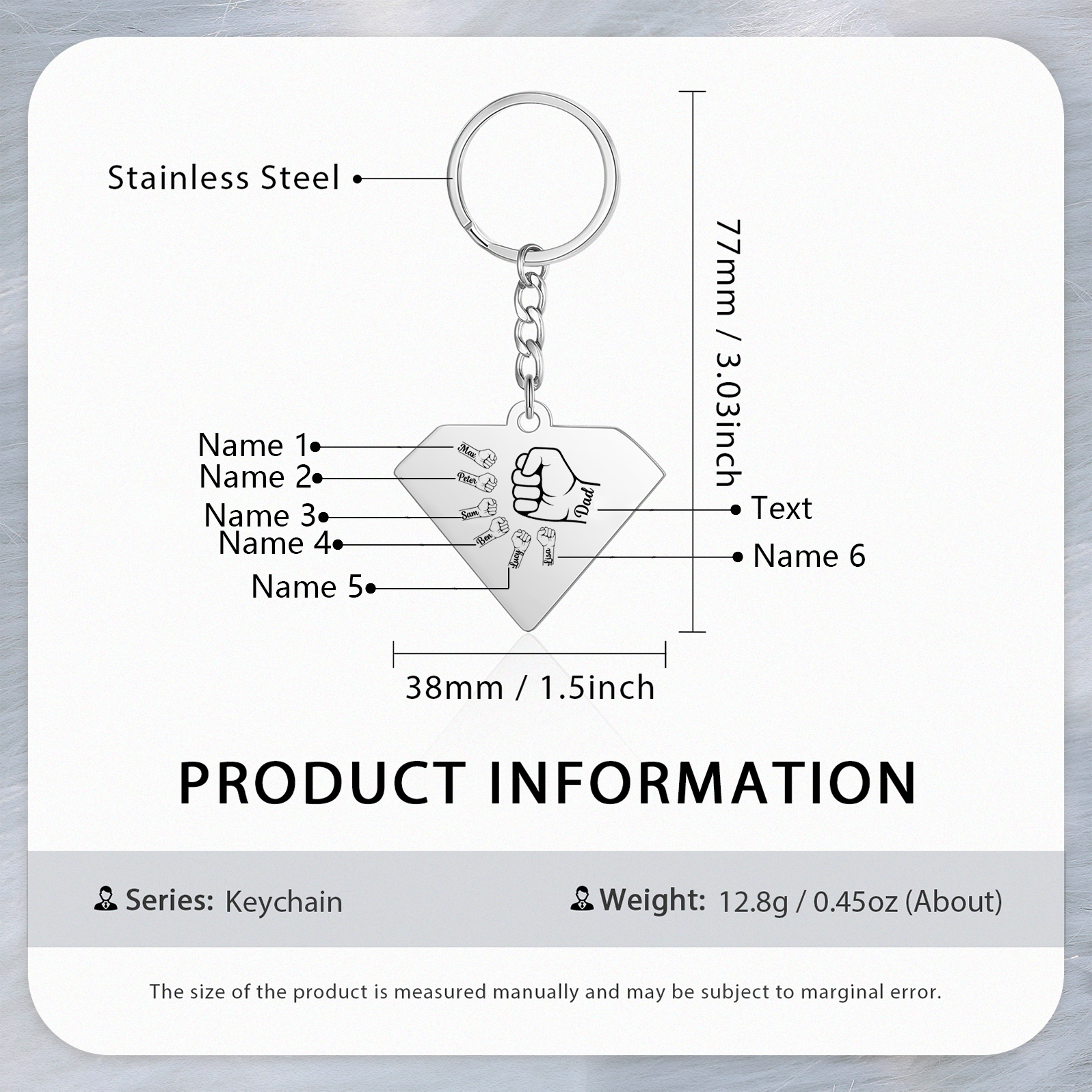 Llavero en forma de Superman puño con puño con 6 nombres personalizados con texto-Jessemade ES