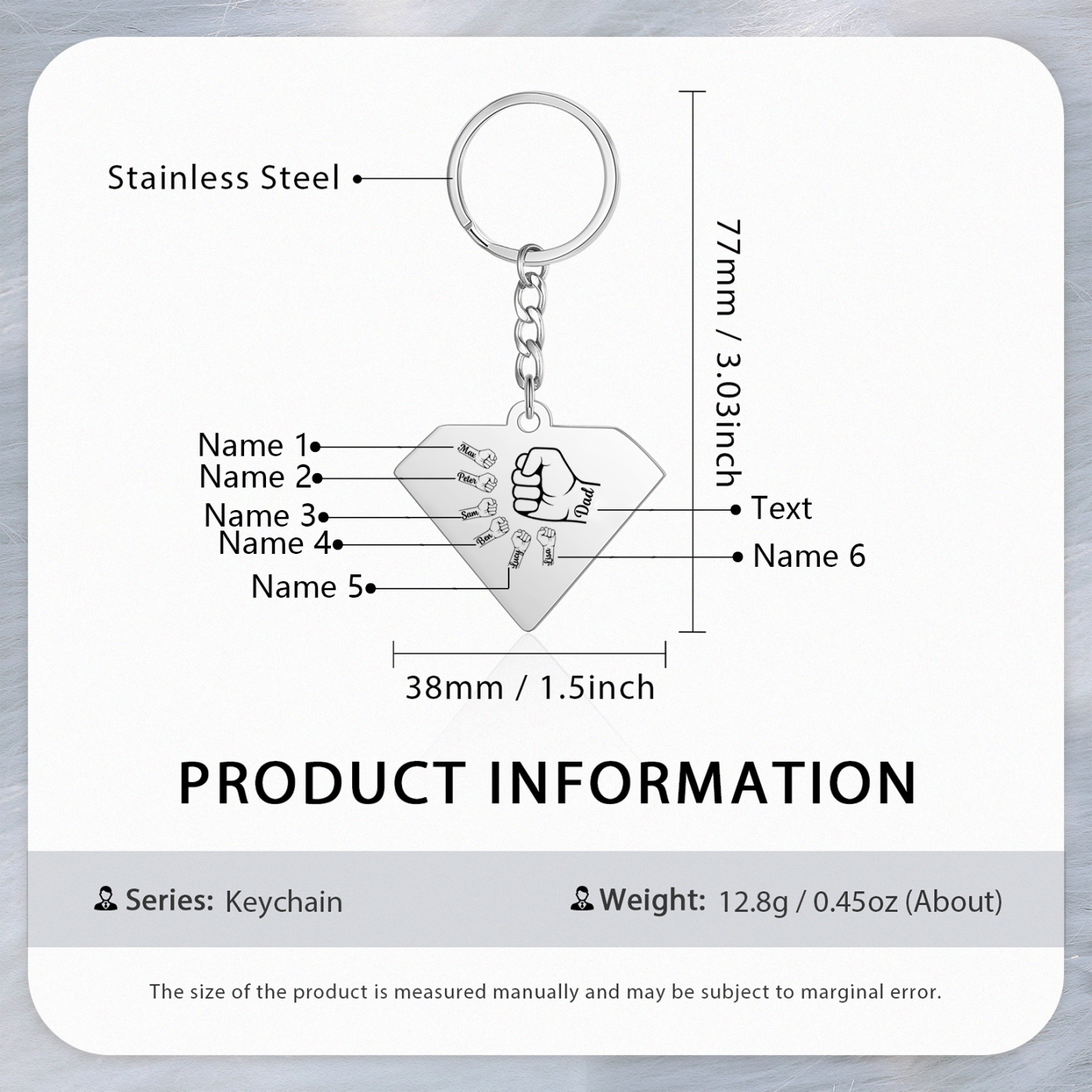 Llavero en forma de Superman puño con puño con 6 nombres personalizados con texto-Jessemade ES