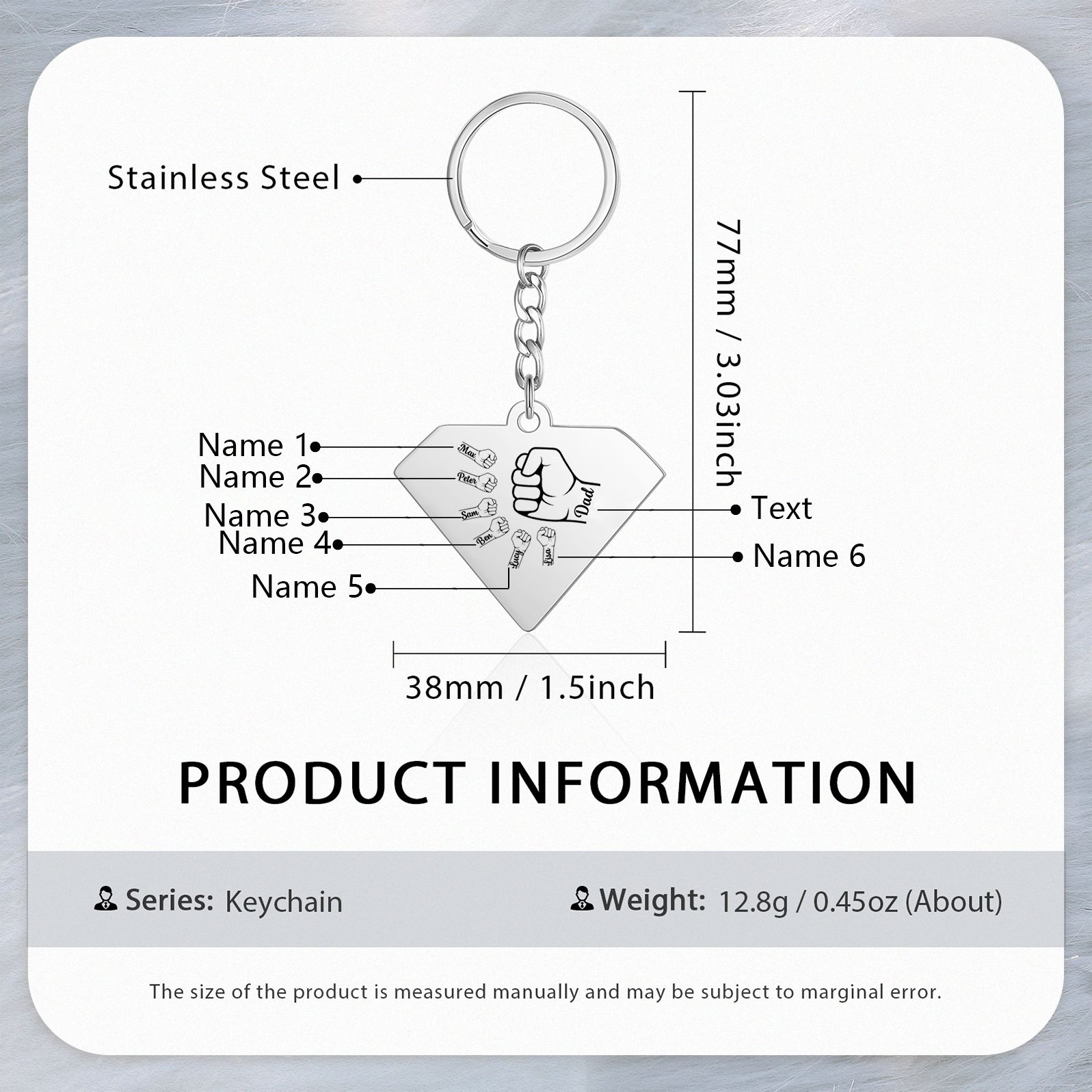 Llavero en forma de Superman puño con puño con 6 nombres personalizados con texto-Jessemade ES