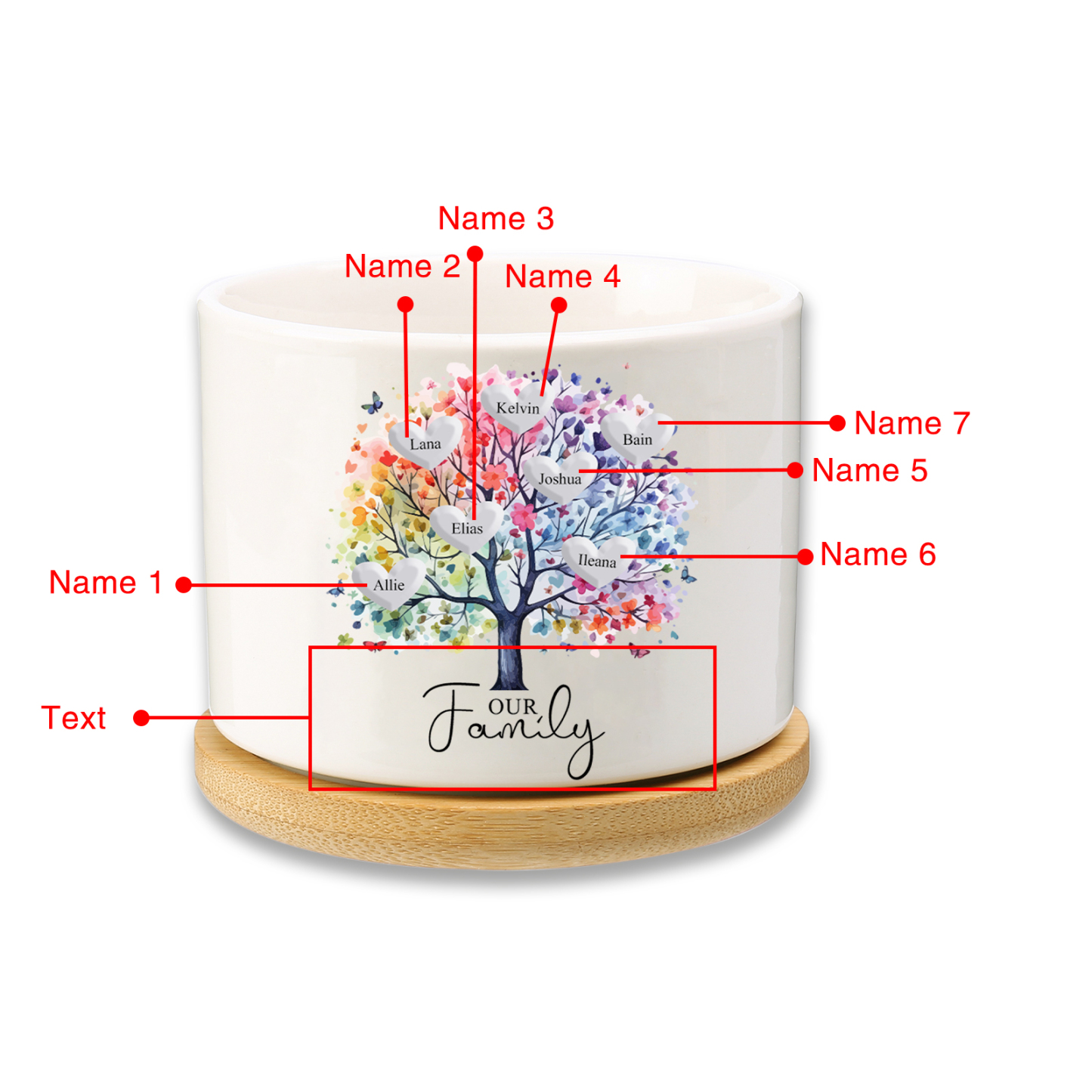 Florero con base de cerámica árbol de corazones 2-8 nombres personalizados con texto decoración del hogar-Jessemade ES