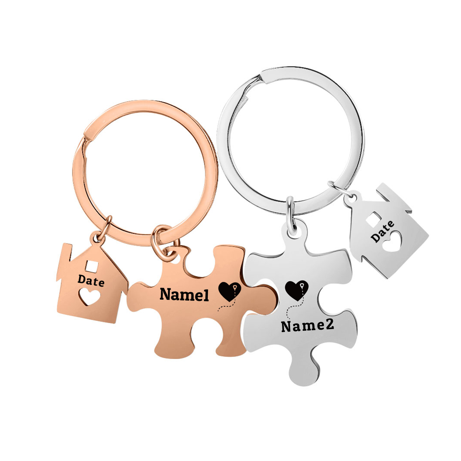 Llavero para pareja rompecabezas 2 nombres personalizados con fecha dije de casa-Jessemade ES