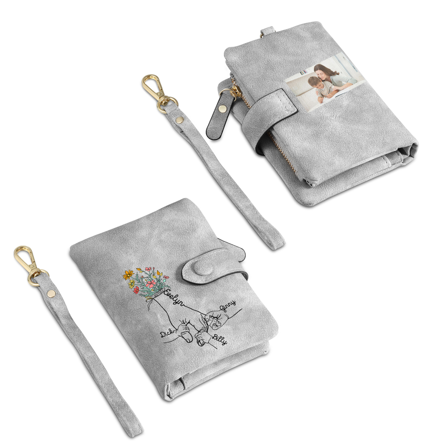 Cartera, billetera con 4 nombres y 1 foto personalizados mano con manito monedero clásico para mujer-Jessemade ES