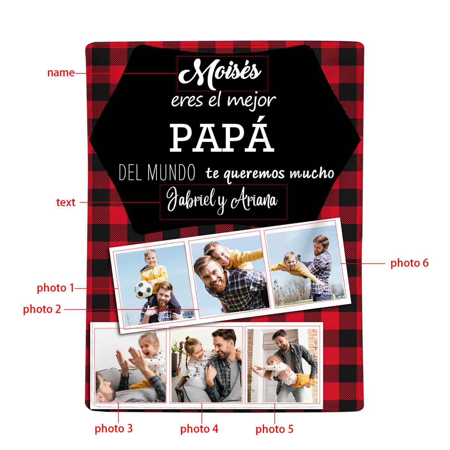 A mi padre de hij@s-Manta de buen calidad personalizada con 1 nombre, 1 texto y 6 fotos-Jessemade ES