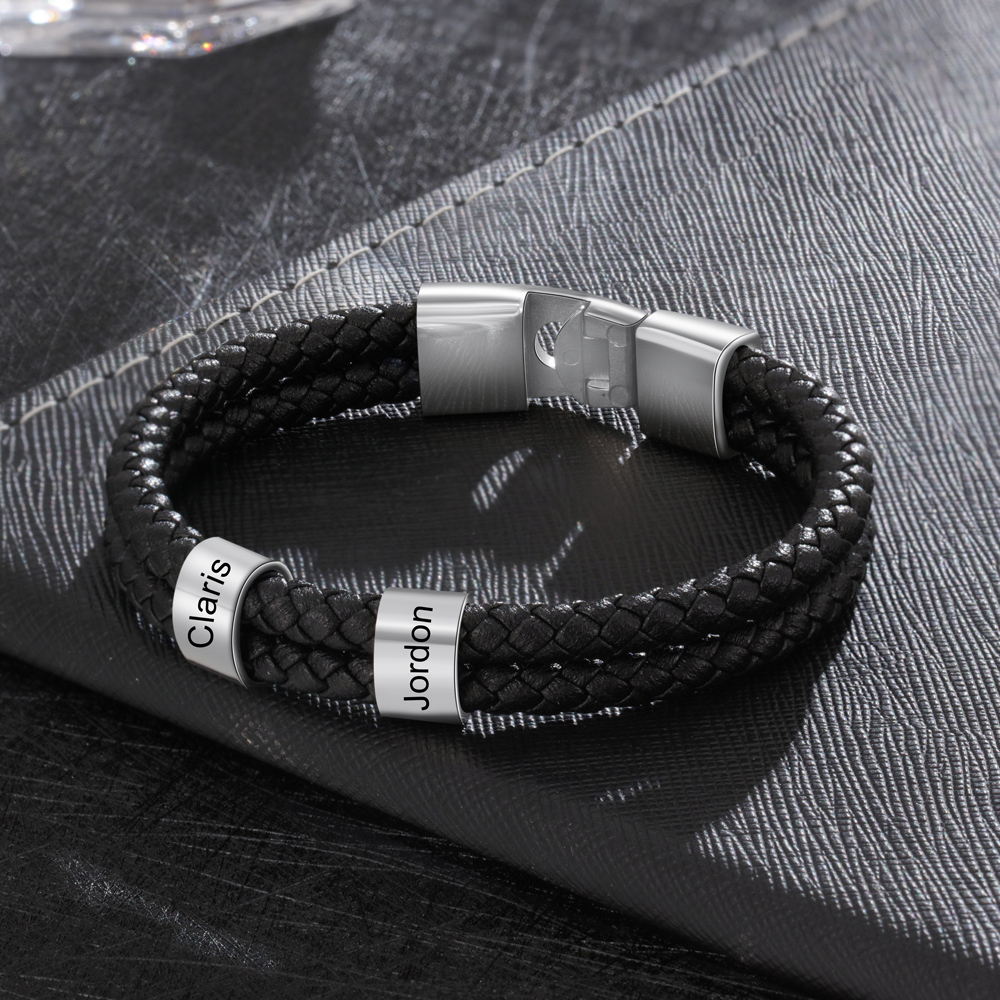 Pulsera 1-8 Nombres Personalizados de Cuero Trenzado con Aros-Jessemade ES