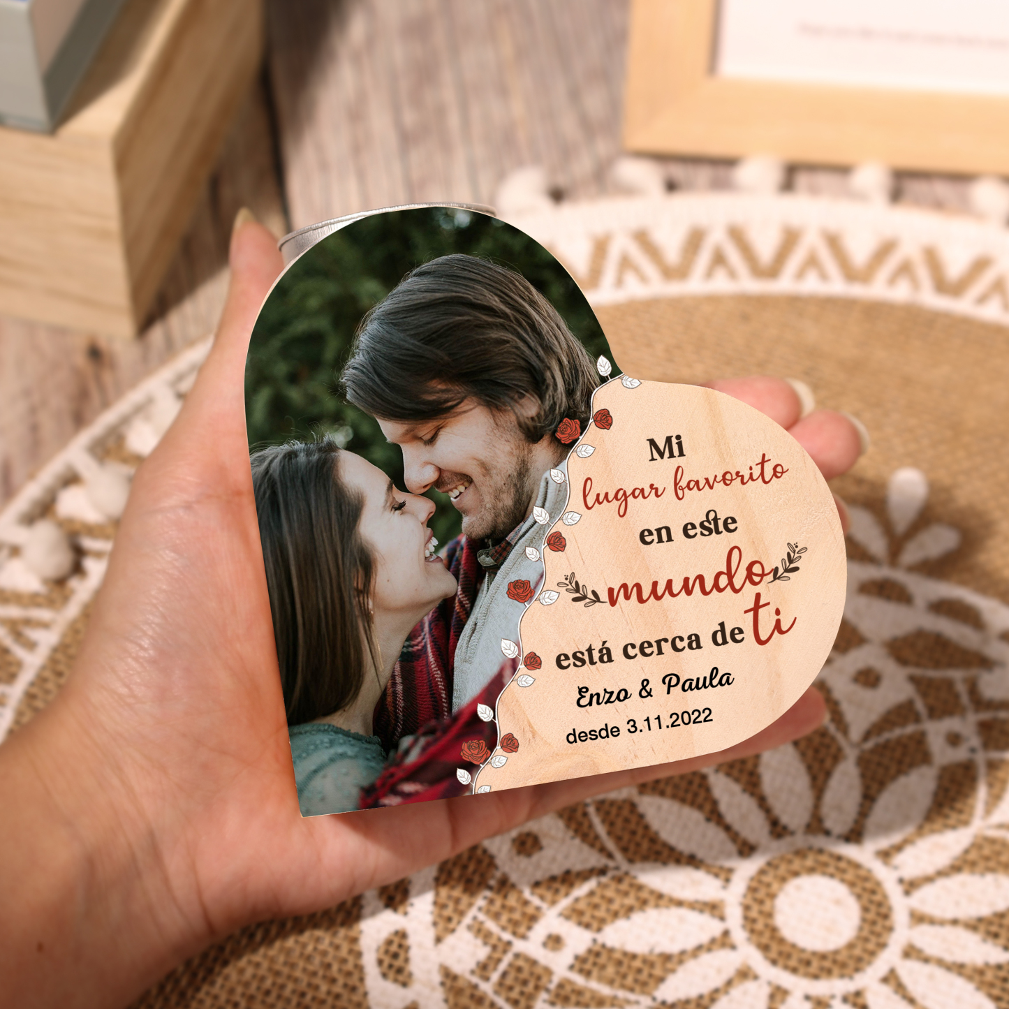 Candelero de madera para pareja con texto amoroso sin vela personalizado con nombres, fecha y foto-Jessemade ES