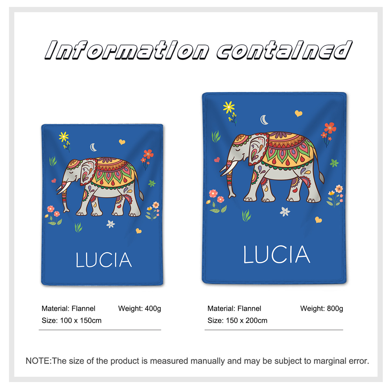 Manta de buen calidad con Elefante personalizada con 1 nombre-Jessemade ES