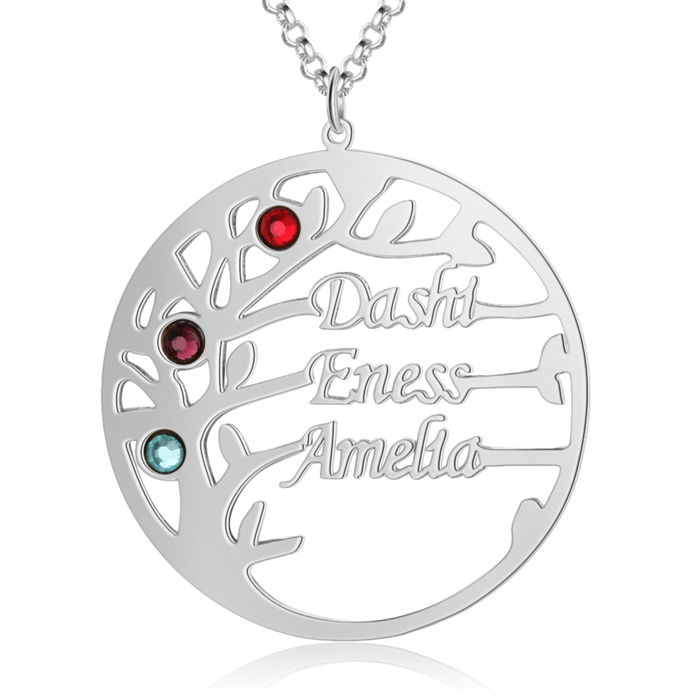Collar de plata 925 Árbol de la Vida Árbol Genealógico 3 nombres y 3 piedras de nacimiento-Jessemade ES