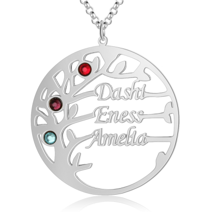 Collar de plata 925 Árbol de la Vida Árbol Genealógico 3 nombres y 3 piedras de nacimiento-Jessemade ES