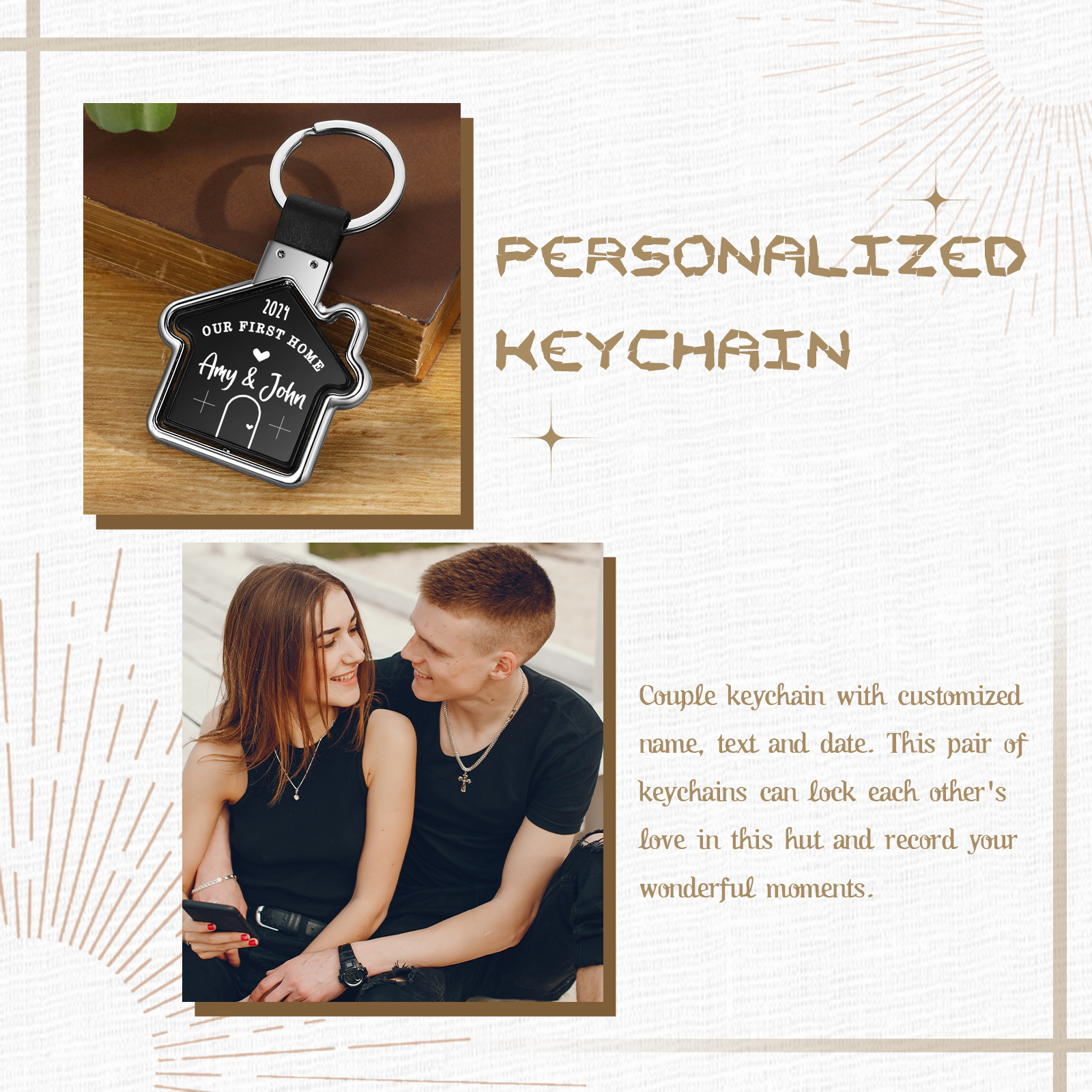 Dulce casa-Llavero en forma de casa personalizado con 2 nombres, 1 texto y año-Jessemade ES