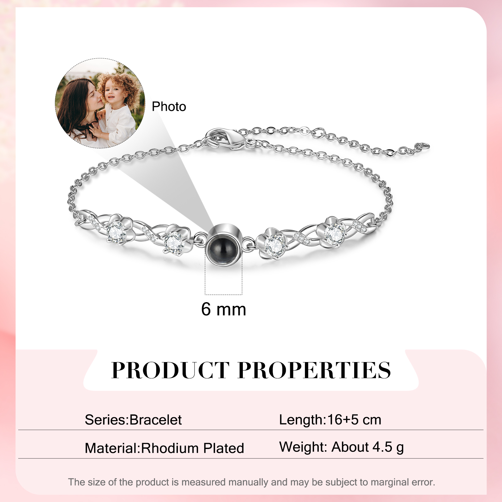 Pulsera con proyección de foto en color para mujer dije de infinito, Brazalete de proyección-Jessemade ES