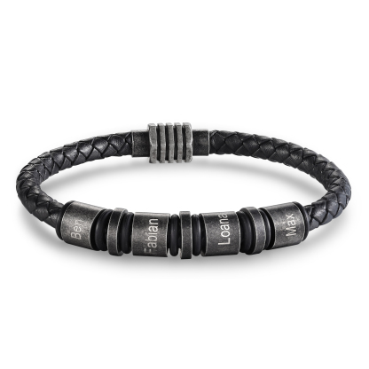 Pulsera de cuero trenzado con 4 aros 4 nombres personalizados pulsera de hombre -Jessemade ES