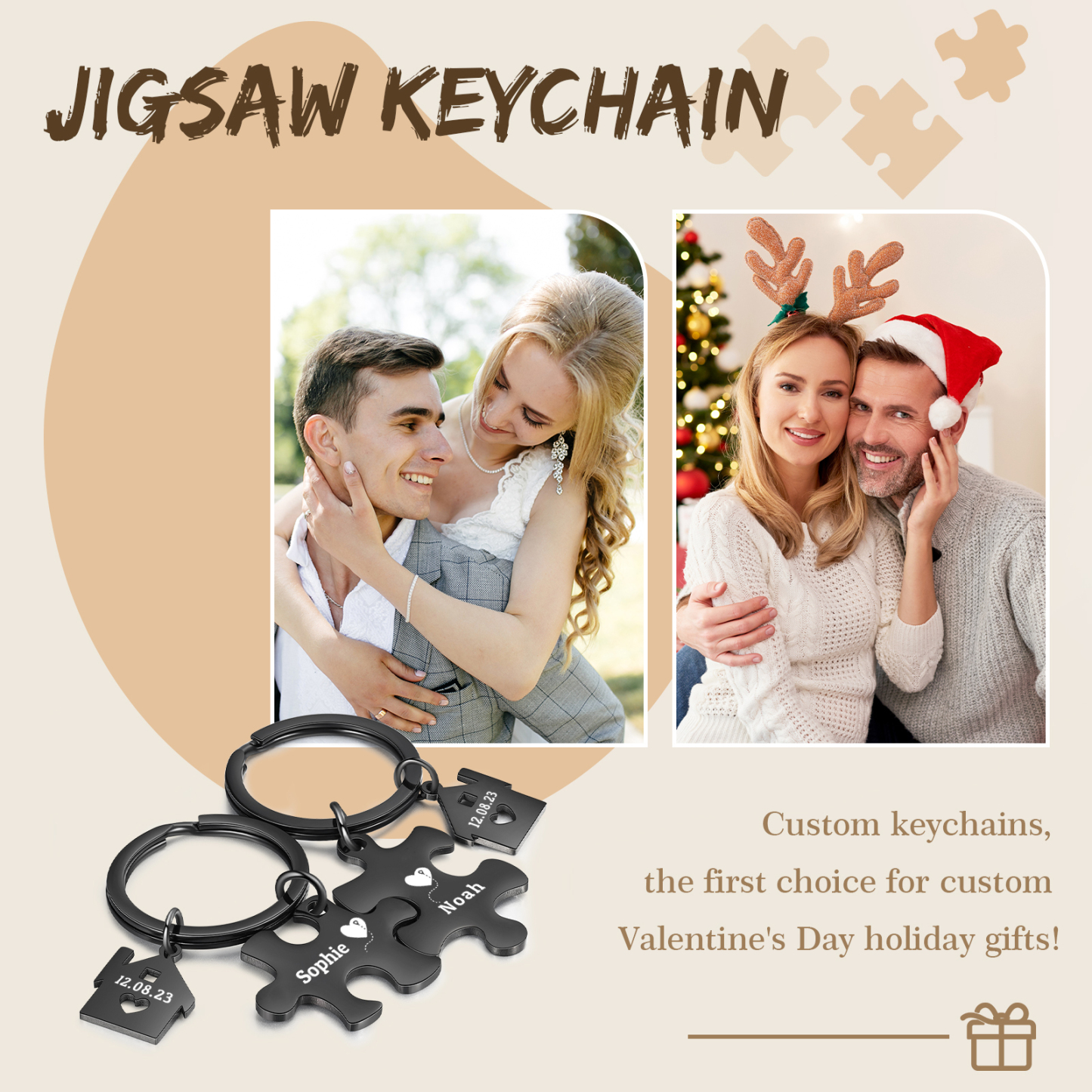Llavero para pareja rompecabezas 2 nombres personalizados con fecha dije de casa-Jessemade ES