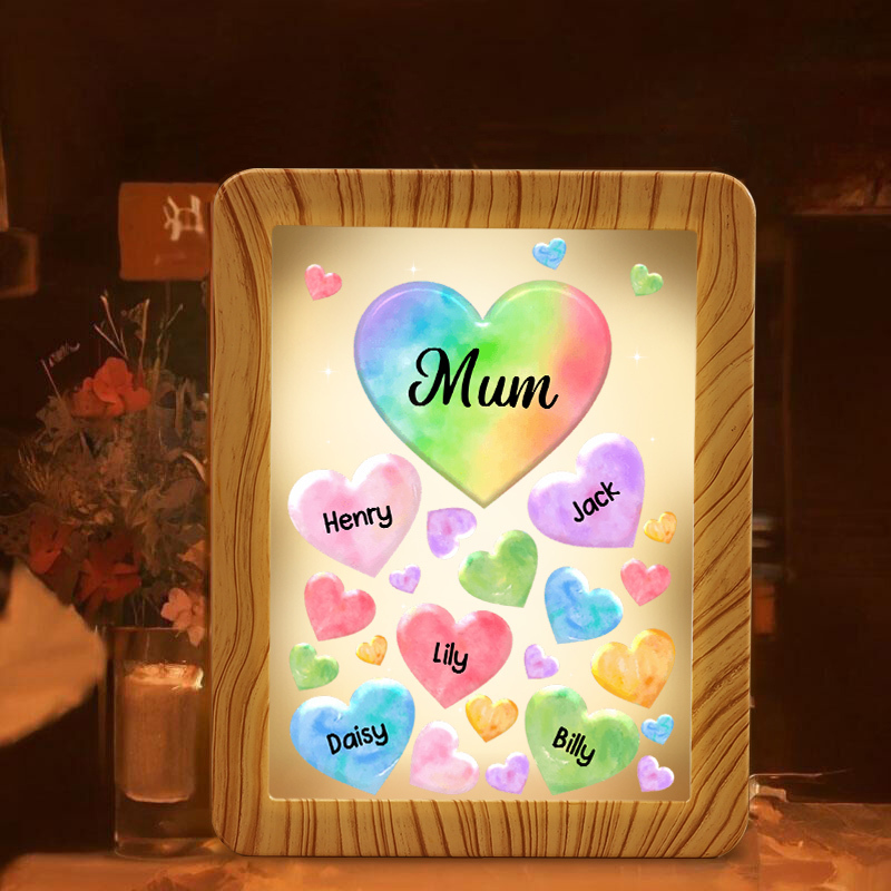 Marco/Espejo con LED Multifuncional Corazones 1-7 Nombres Personalizados con 1 Texto-Jessemade ES