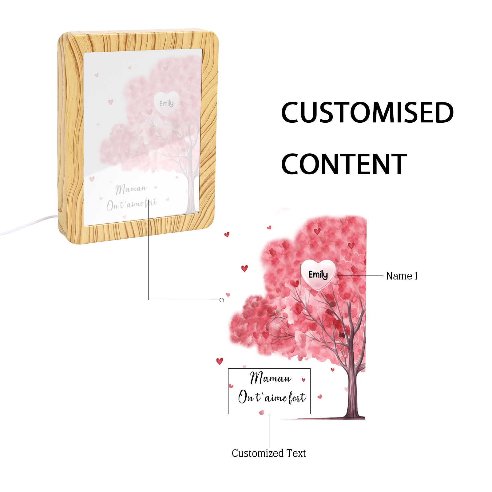 Marco/Espejo con LED Multifuncional Árbol de la Vida 1-10 Nombres Personalizados con 1 Texto-Jessemade ES